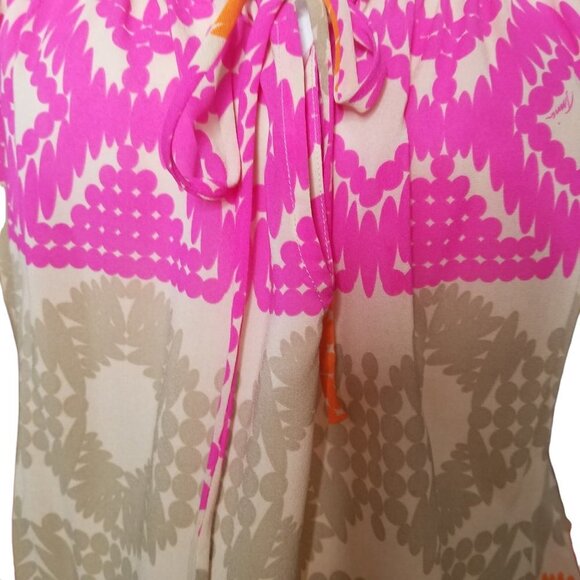 Trina Turk Pink Tan Orange Silk Blend Geo Print Drawstring Blouse Size Medium - Picture 6 of 10